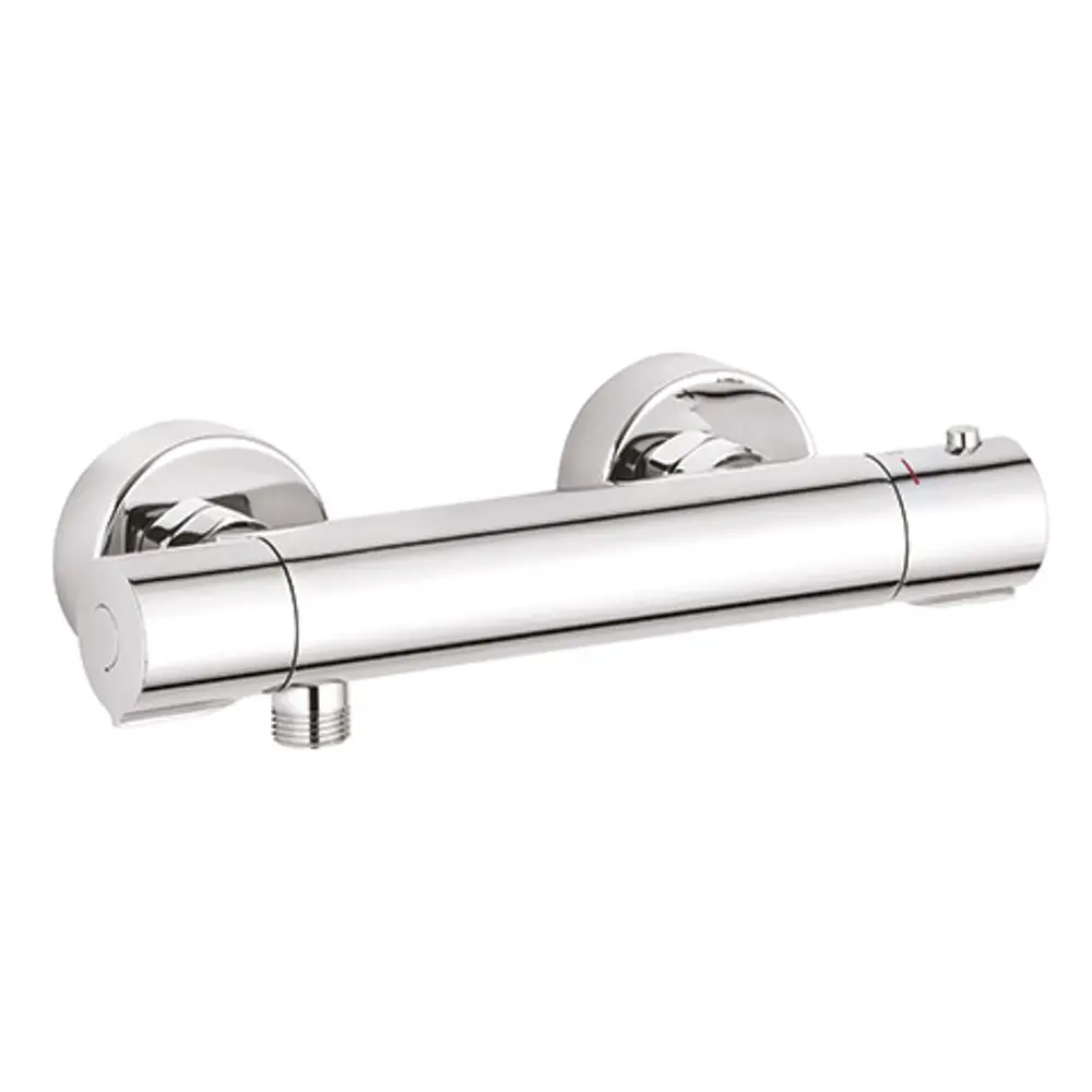 Thermostat Brausearmatur in Chrom von Kludi, mit zwei runden Halterungen und einem Regelknopf, zur Wandmontage geeignet.